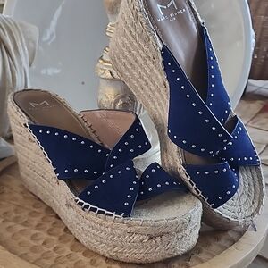 Mark Fisher Ltd Dark Navy 'Angelina' Blue Suede Espadrille Wedge 7.5 Silver Stud